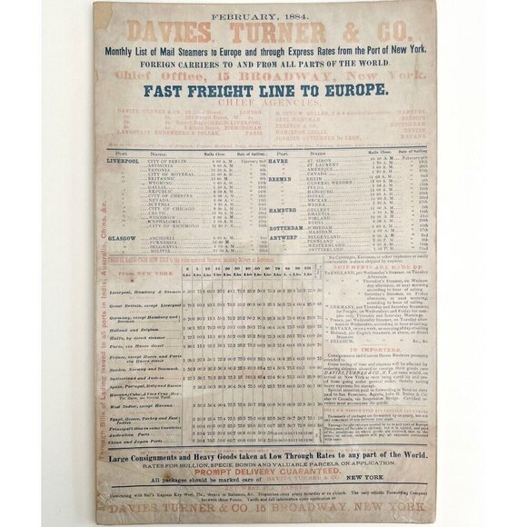 Davies Turner & Co 1884 Steamship Freight Line Schedule Victorian NY Port HM1B - Picture 2 of 3
